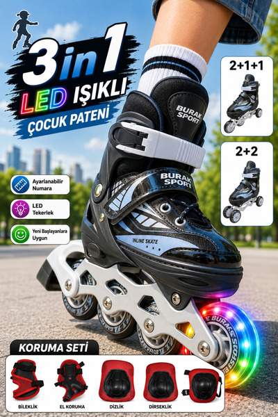 YILDIRIM OYUNCAK 3in1 LED Işıklı Full Koruma Setli Lüks Çocuk Pateni - Ayarla...