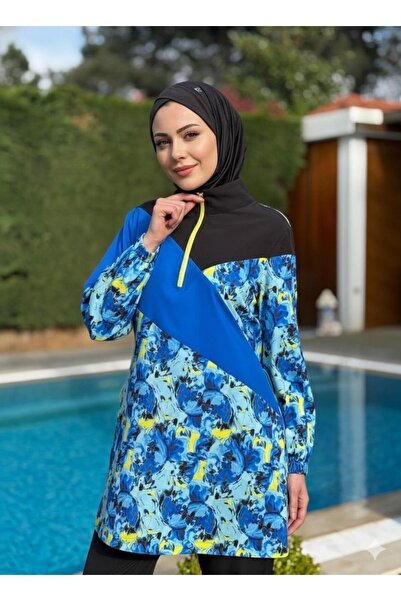 Moodbasic Çiçek figürlü Tesettür Mayo - Siyah