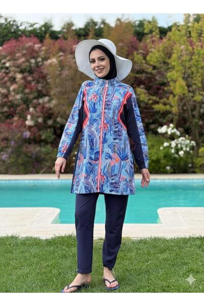 Moodbasic Çiçek Desenli Garnili Tesettür Mayo - Lacivert