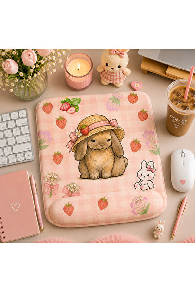 matizya Çilek temalı Çilekli Tavşan Desenli Kare Bilek Destekli Mousepad 19x2...