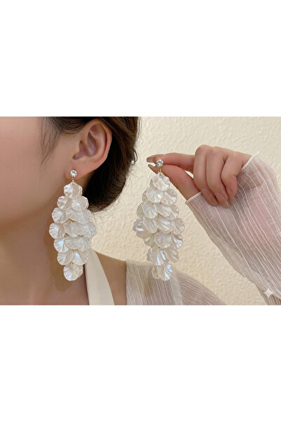 SYGGY Statement Long Earrings with Mother-of-Pearl Petal Chandelier and Cryst...