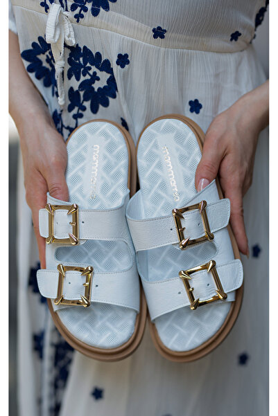 Mammamia 1780 Eren Shoes&Bag Hakiki Deri Beyaz İki Bantlı Gold Toka Detaylı T...