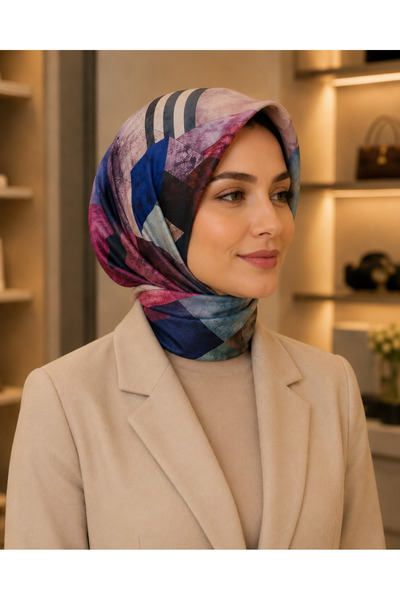 LUVINA وشاح ناعم باللون الأزرق البرقوقي بتصميم هندسي