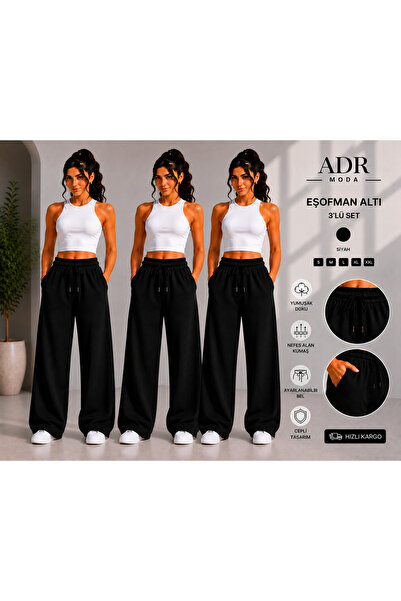 ADR MODA 3-Piece Wide Leg Sweatpants Black Daily Use Loose Fit