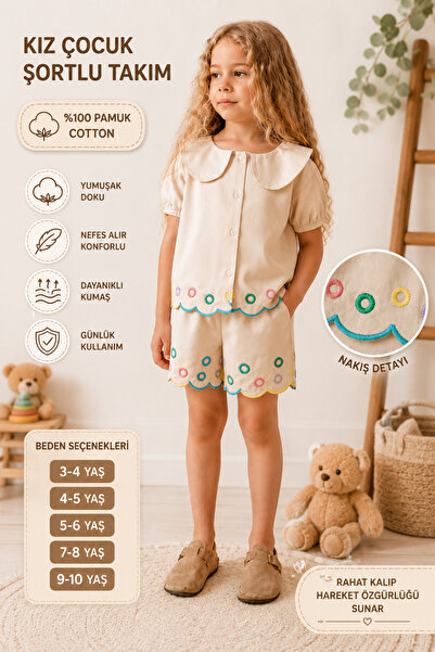 Wikibom İlkim Kids Premium Nakışlı Yazlık Gabardin Kız Çocuk Takım