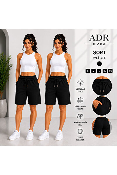 ADR MODA Basic Şort 2’li Set Siyah Günlük Rahat Şort İç Göstermez