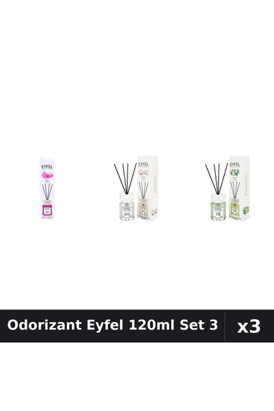 Eyfel Set 3 Odorizant Camera cu Betisoare 120ml - Bubble Gum, Bumbac, Iasomie