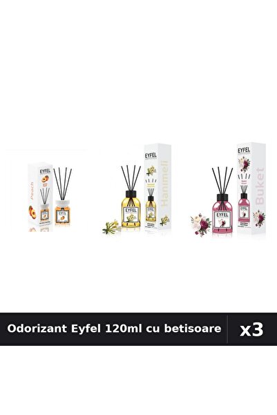 Eyfel Set 3 Odorizante Camera cu Betisoare 120ml - Piersica, Bouquet, Mana Ma...