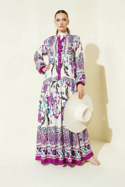 Şeker Portakalım Women's High Collar Gathered Waist Floral Patterned Viscose ...