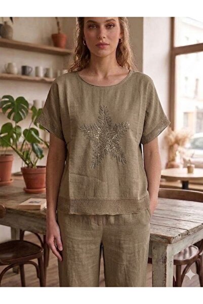 AYASOFYA OTANTIK Women's Brown Sequin Star Embroidered Oversize Loose-Fit 100...