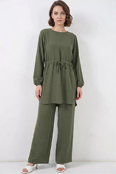Generic Brand Women's Round Neck High Waist Khaki Two-Piece Set