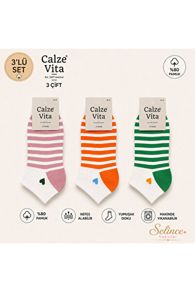 Calze Vita Women's striped and heart ruffled 3-piece socks dusty rose, orange...