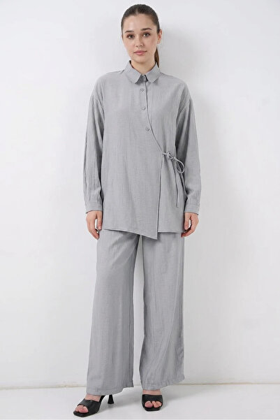 buğrahayalin Women's Shirt Collar Lace-Up Viscose Gray Double Set