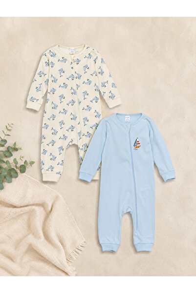 LC Waikiki Lcw Baby Ecru Crew Neck Printed Baby Boy Romper 2 Pcs