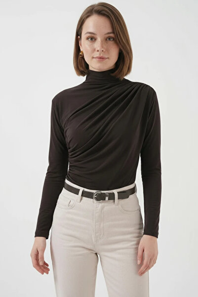 buğrahayalin Women's Turtleneck Gathered Detail Brown Blouse