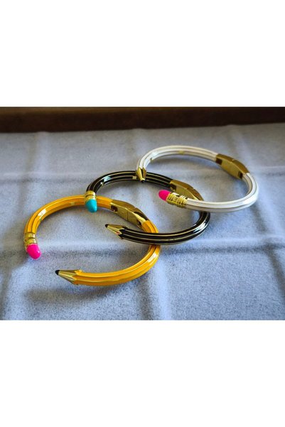 MuseumofYou Pencil Design Handcuff Bracelet Gold Plated with Yellow Enamel Detail