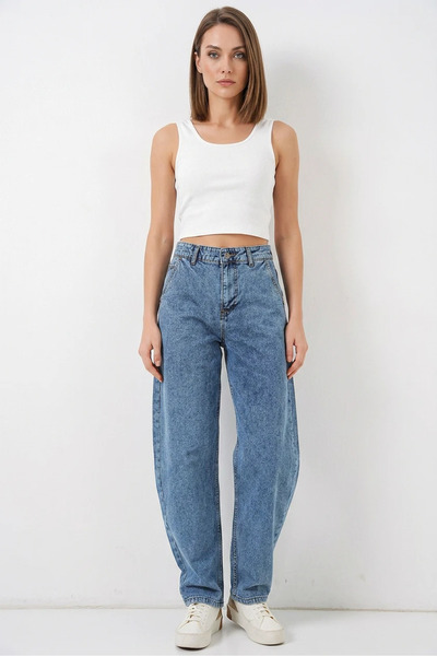 Şeker Portakalım Women's High Waist Wide Leg Cotton Blue Trousers