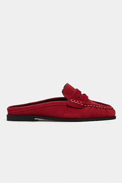 NİŞANTAŞI SHOES Papuci de damă Debra din piele de căprioară roșie cu talpă plată