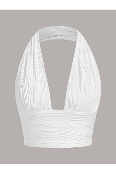 WEEST MODA Elastanlı Halter Yaka Dekolteli Crop Bluz Kadın Yazlık Şık Üst