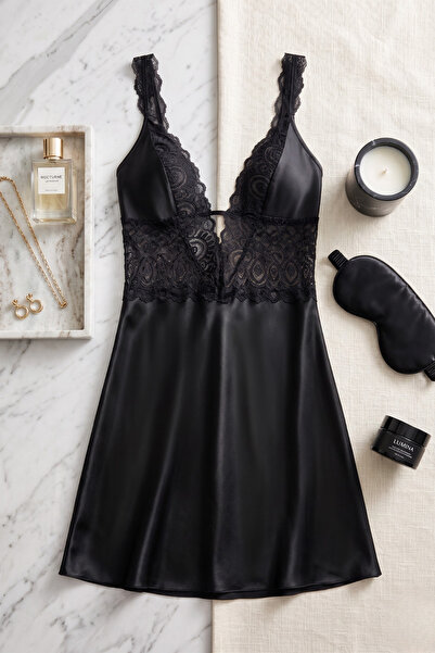 QKK Women's Black Satin Nightgown