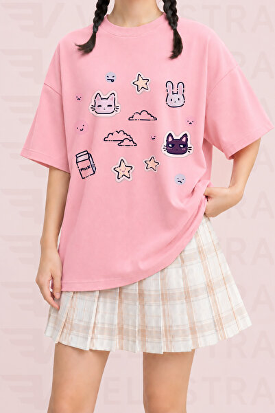 Velostra Women's Kawaii Sticker Printed Oversize Crew Neck Cotton Daily Use C...