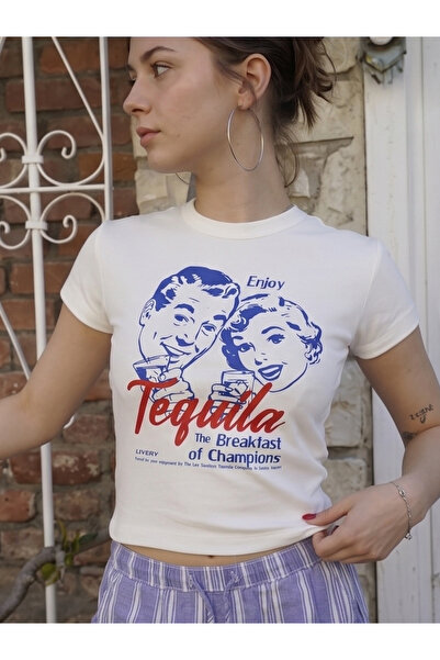 Scrovtie Ženska bela uska kratka majica - Enjoy Tequila 100% pamuk, okrugli i...
