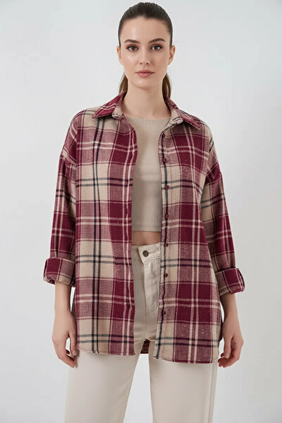 Efnaz style Women's Oversize Plaid Patterned Cotton Burgundy Shirt