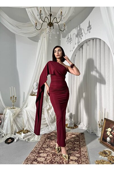 Caddebostan Moda One-Shoulder Shawl Detailed Draped Look Midi Evening Dress