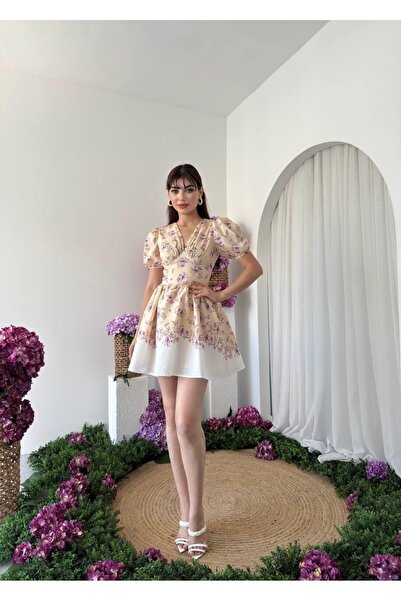Caddebostan Moda Short Sleeve V-Neck Floral Print Cinched Waist Summer Mini D...