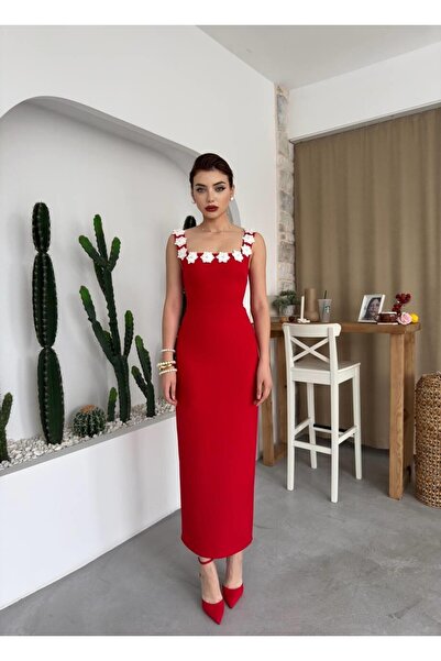 Caddebostan Moda Square Neck Floral Detailed Pearl Midi Dress Stylish Event D...
