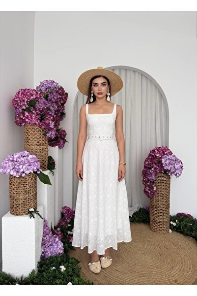 Caddebostan Moda Belt Detailed Scallop Embroidered Strap Summer Midi Dress