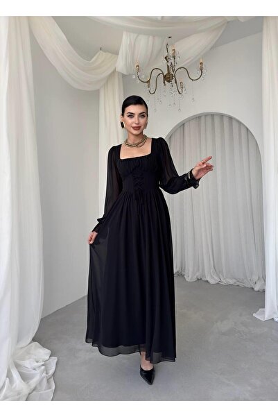 Caddebostan Moda فستان ماكسي أنيق بياقة مربعة وأكمام طويلة وتفاصيل ربط من الش...