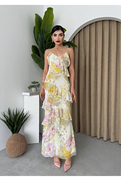 Caddebostan Moda Floral Patterned Rope Strap Ruffled Stylish Midi Dress