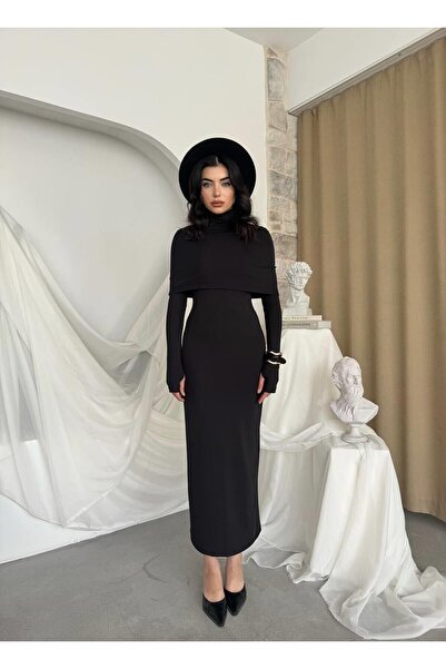 Caddebostan Moda Turtleneck Cape Detailed Long Sleeve Midi Dress