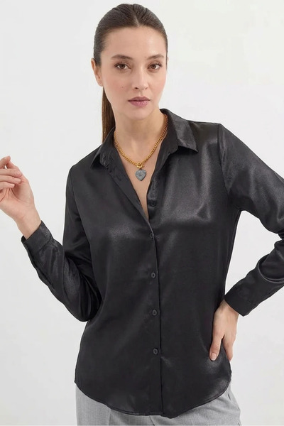 buğrahayalin Women's Lightly Draped Satin Black Shirt