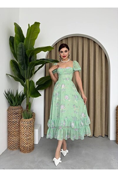 Caddebostan Moda Square Neck Floral Chiffon Midi Dress Summer Dress with Ruff...