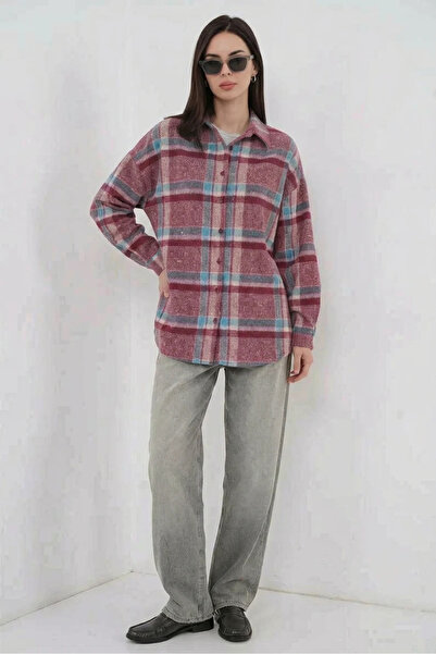 Generic Brand Women's Oversize Plaid Patterned Cotton Purple Shirt