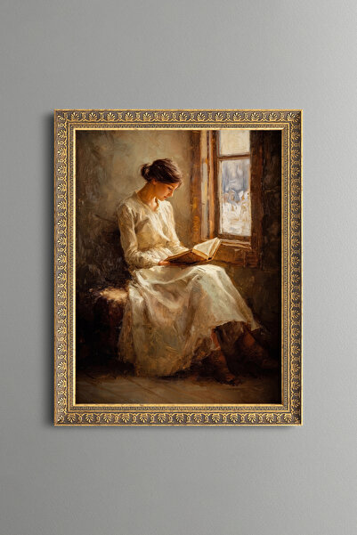 epiqart امرأة تقرأ كتابًا على النافذة - إطار بنمط عتيق - موديل نحيف
