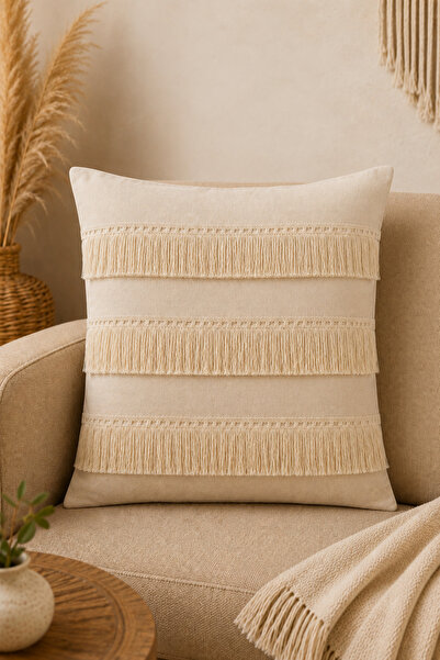 Morlay Husă de pernă decorativă din in natural cu ciucuri, stil boem rustic v...