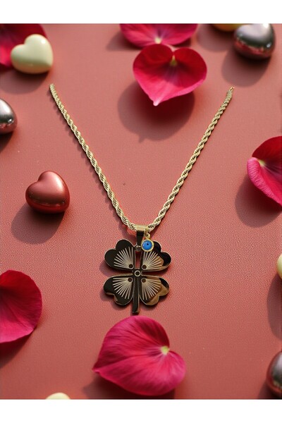 ahsenaksesuar2025 Gold Color Four-Leaf Clover Model Evil Eye Beaded Steel Nec...