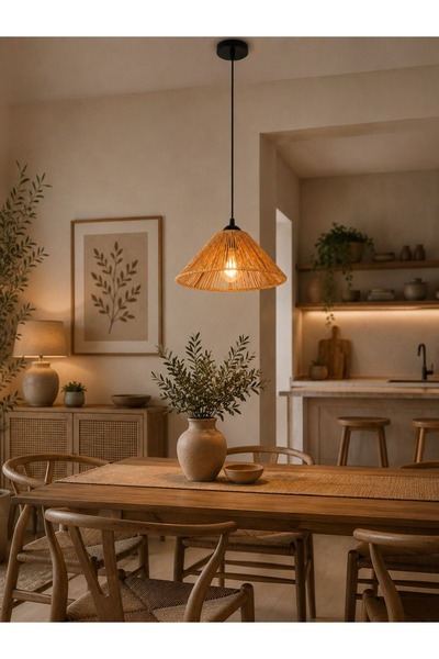 N.zone Boho Chic Natural Bamboo Hanging Pendant Light - 35cm Diameter, 15cm H...