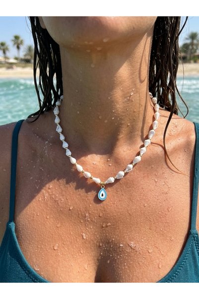 Rasa Damla Nazar Beaded Seashell Necklace – Coastal Chic, Boho Summer Jewelry, Beach Aesthetic