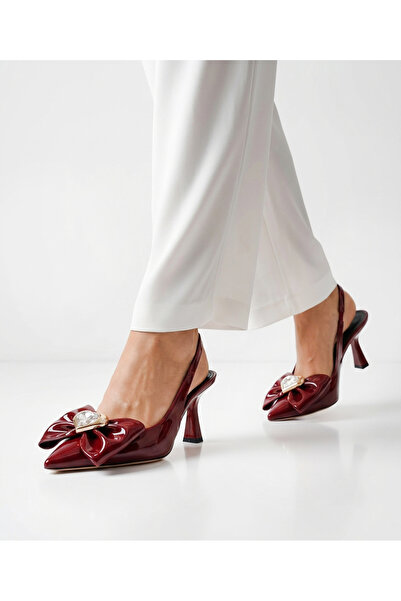 DUDYEN SHOES Women's Burgundy Patent Leather Bow and Stone Accessory 7cm Heel...