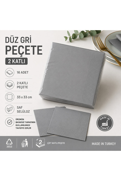 Ege Pastacılık مناديل مائدة رمادية سادة من طبقتين 33x33 سم - 16 قطعة مناديل م...
