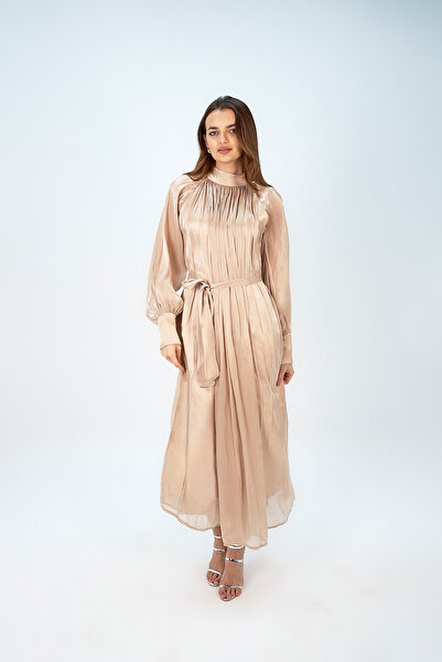ALBADR Elegant Long Sleeves Belt Waist Long Evening Dress