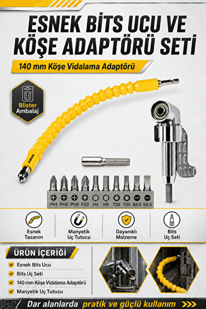 Zephoo 140 mm Köşe Vidalama Adaptörü ve Esnek Bits Ucu Seti Manyetik Uç Tutuc...
