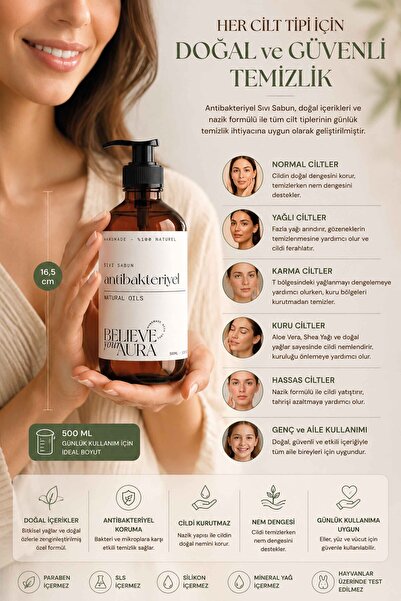 Believe Your Aura Bakteri Karşıtı Sıvı Sabun - %100 Doğal Çay Ağacı Yağı, Kekik Yağı ve Nioli Yağı El, Ayak ve Tırnak Bakım Sabunu - 500 ml