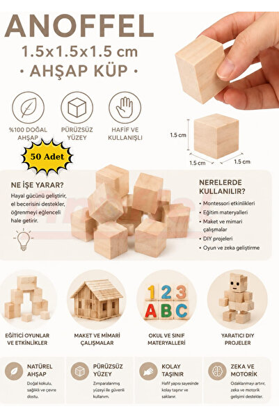 Anoffel Ahşap Naturel Küp Blokları 1.5x1.5x1.5 cm 50 adet