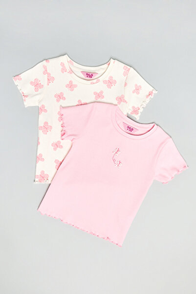 R&B 2 Pack Butterfly Print Tops with Crew Neck and Short Sleeves