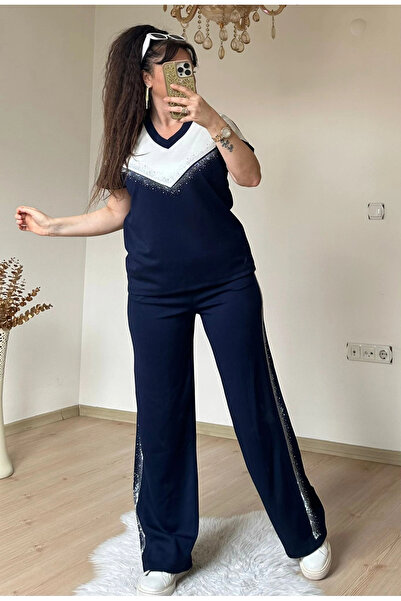 AZRA BUTİK Front Pyramid Stone Set Navy Blue